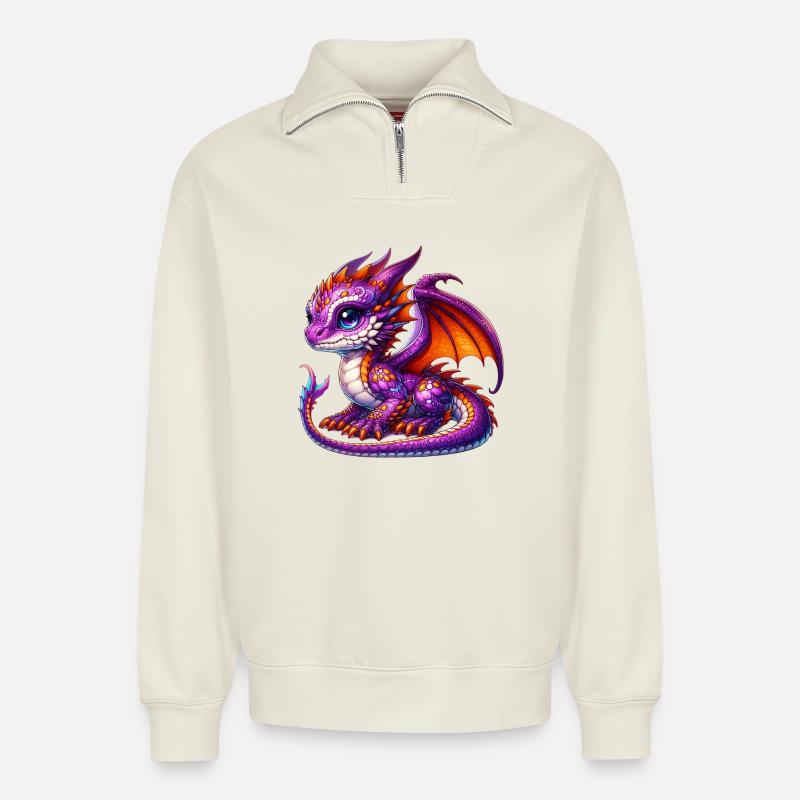 Drache - Relaxed Unisex Organic Half Zip Sweatshirt – von SPREAD - Naturweiß