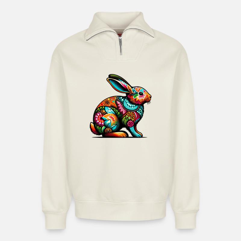 Rabbit - Relaxed Unisex Organic Half Zip Sweatshirt – by SPREAD - off white