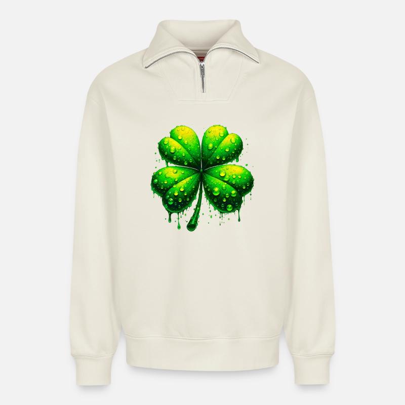 Trèfle à quatre feuilles - Sweat unisexe décontracté en coton biologique à demi-zip – de SPREAD - blanc cassé