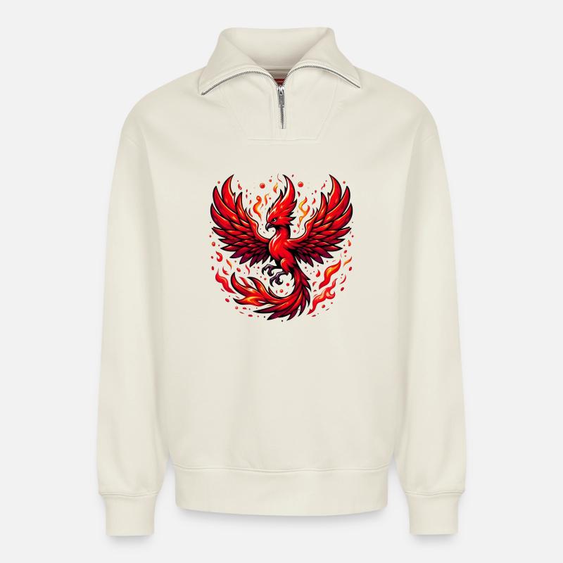 Roter Phönix - Relaxed Unisex Organic Half Zip Sweatshirt – von SPREAD - Naturweiß