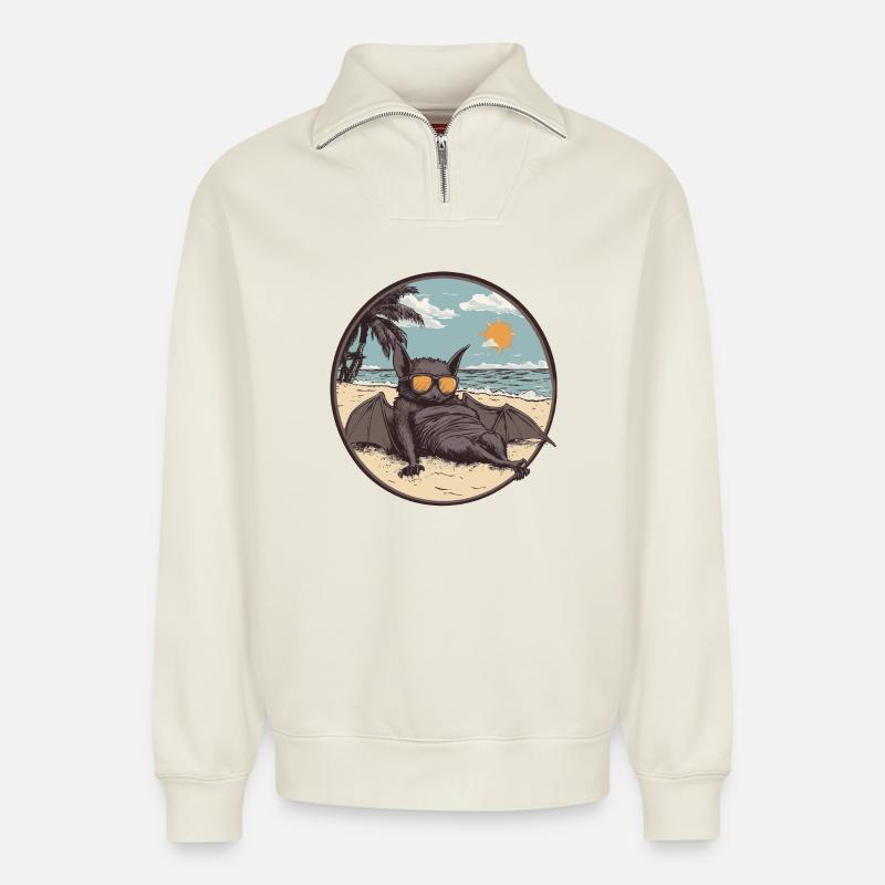 Relaxed bat on the beach - Relaxed Unisex Organic Half Zip Sweatshirt – by SPREAD - off white