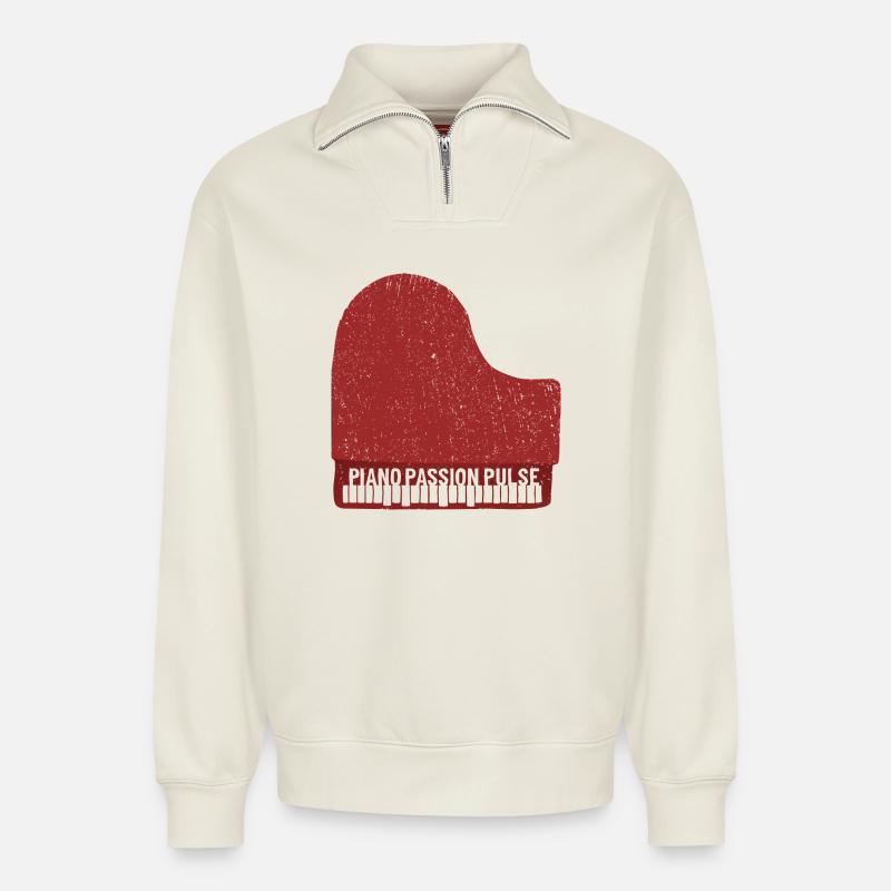 Piano Passion Pulse - Sweat unisexe décontracté en coton biologique à demi-zip – de SPREAD - blanc cassé