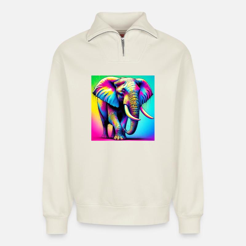 éléphant - Sweat unisexe décontracté en coton biologique à demi-zip – de SPREAD - blanc cassé