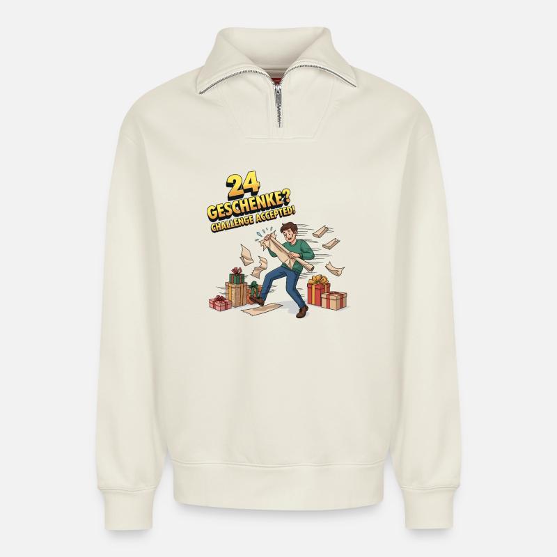 24 cadeaux ? Défi accepté ! - Sweat unisexe décontracté en coton biologique à demi-zip – de SPREAD - blanc cassé