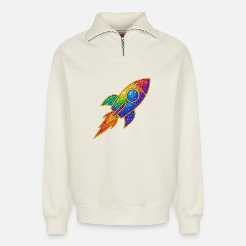 Regenbogen Rakete Glitzer Design - Relaxed Unisex Organic Half Zip Sweatshirt – von SPREAD - Naturweiß