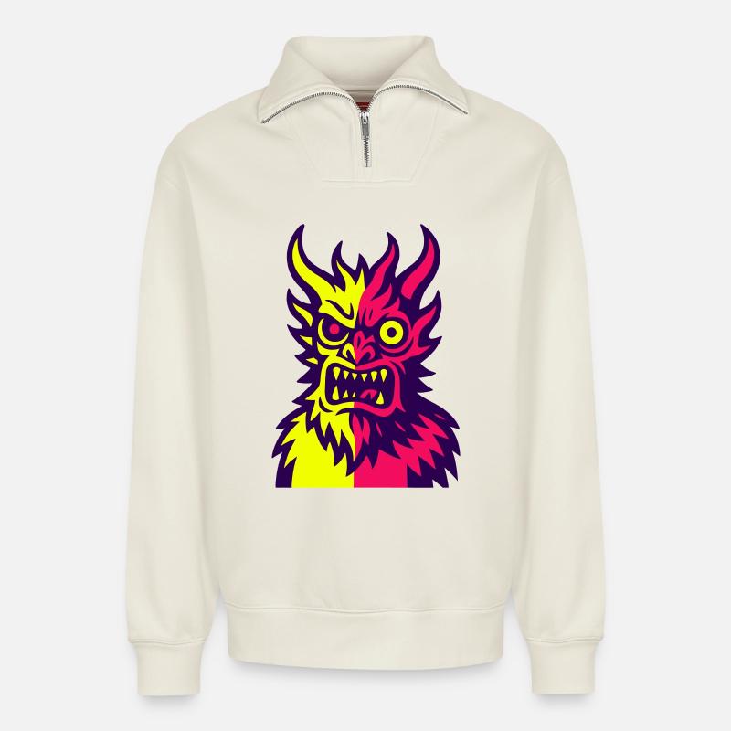 Pop Art Devil's Monster - Relaxed Unisex Organic Half Zip Sweatshirt – by SPREAD - off white