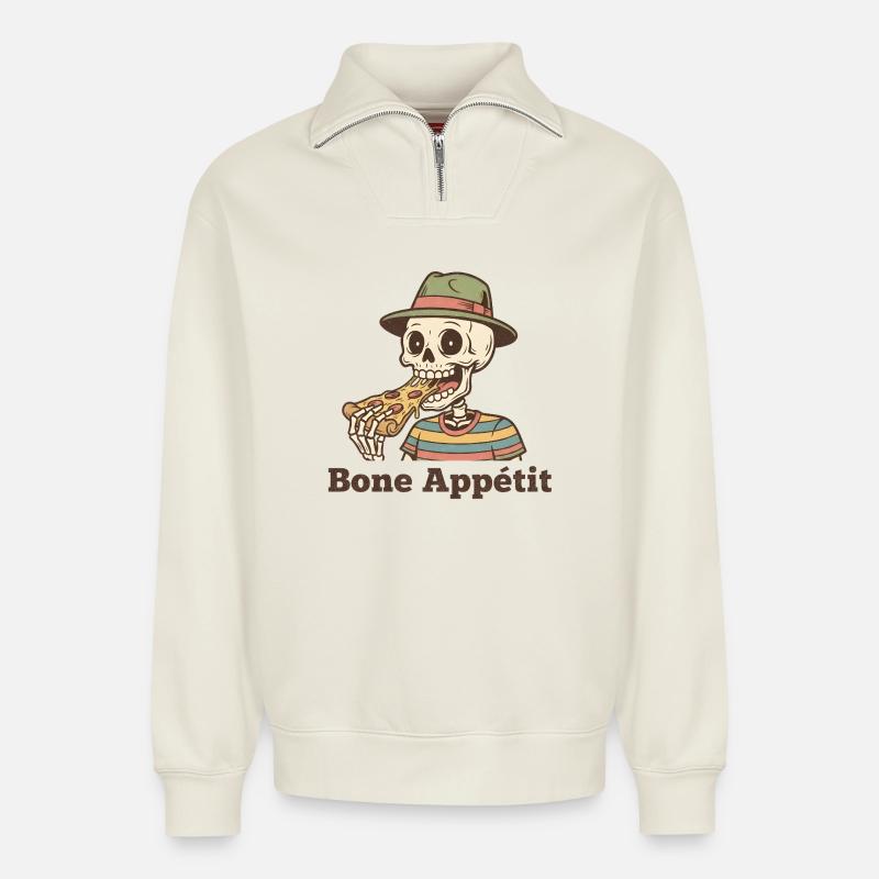 Bone Appétit Skeleton Eats Pizza - Relaxed Unisex Organic Half Zip Sweatshirt – by SPREAD - off white