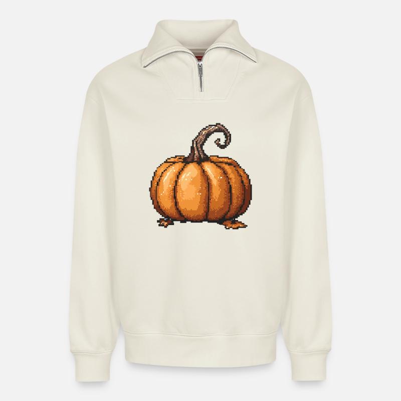 Pixel Kürbis Retro Halloween - Relaxed Unisex Organic Half Zip Sweatshirt – von SPREAD - Naturweiß