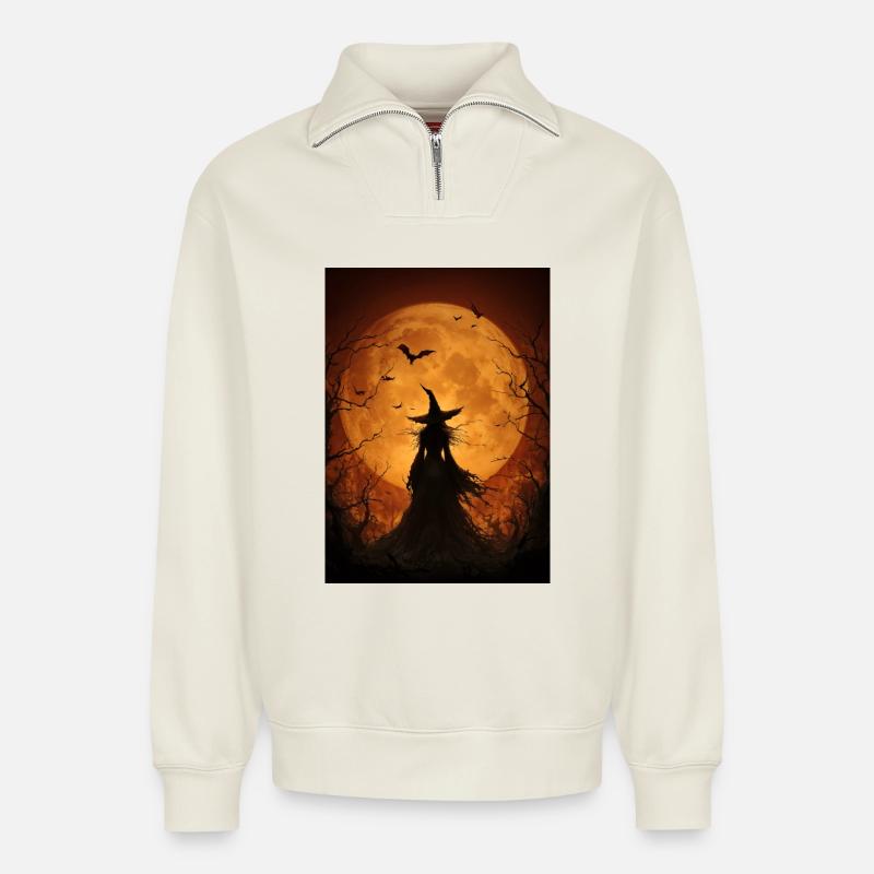 Hexe unter dem Erntemond - Relaxed Unisex Organic Half Zip Sweatshirt – von SPREAD - Naturweiß