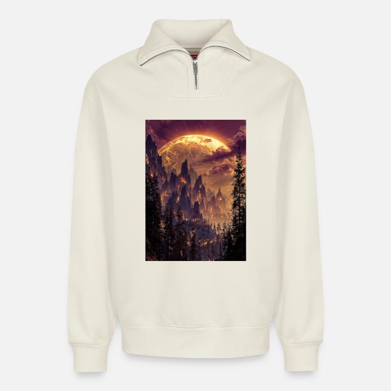 Feuriger Gipfel in der Abenddämmerung - Relaxed Unisex Organic Half Zip Sweatshirt – von SPREAD - Naturweiß