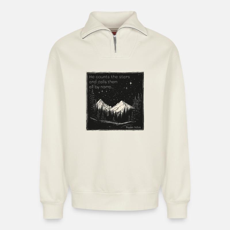 Ciel étoilé chrétien - Sweat unisexe décontracté en coton biologique à demi-zip – de SPREAD - blanc cassé