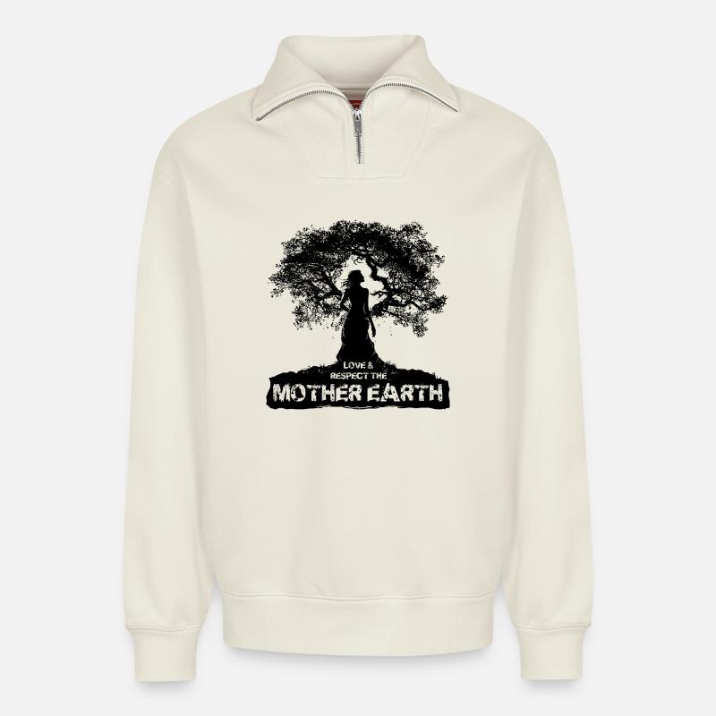 Mutter Erde - Schwarzes Design - Relaxed Unisex Organic Half Zip Sweatshirt – von SPREAD - Naturweiß