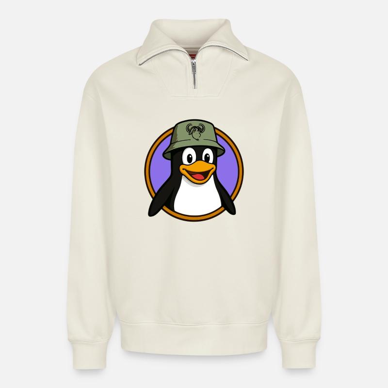 Tux Linux + GNU Hat - Sweat unisexe décontracté en coton biologique à demi-zip – de SPREAD - blanc cassé
