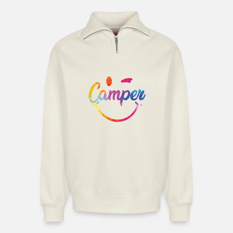 Bunter Camper Smiley Logo - Relaxed Unisex Organic Half Zip Sweatshirt – von SPREAD - Naturweiß
