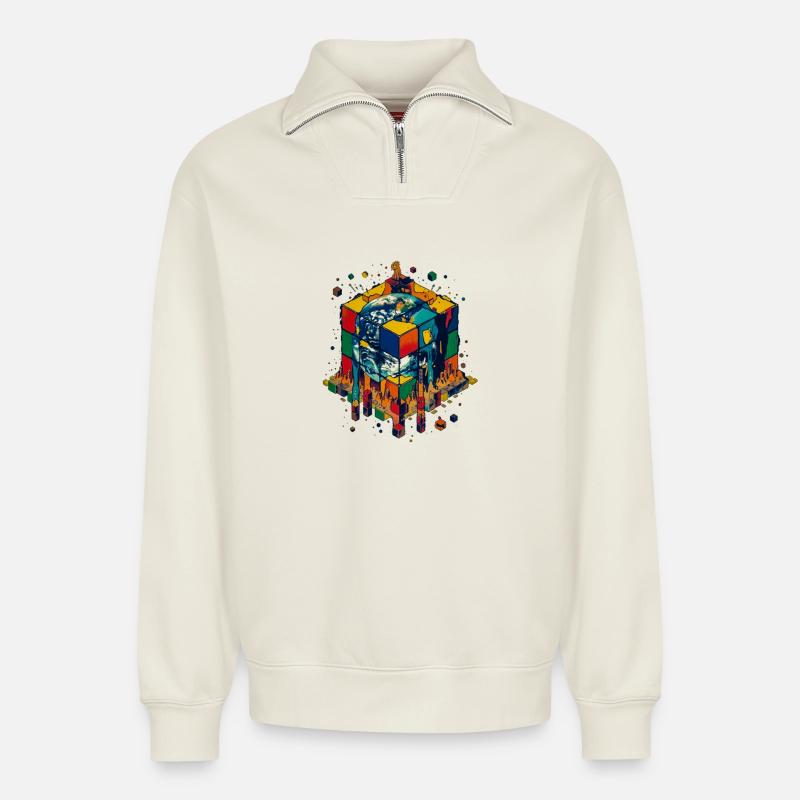 Erde im Farbblockwürfel - Relaxed Unisex Organic Half Zip Sweatshirt – von SPREAD - Naturweiß