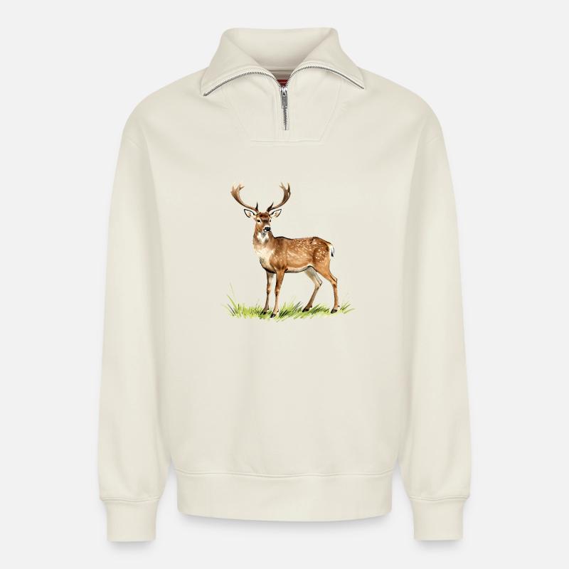 Wald-Aquarellhirsch - Relaxed Unisex Organic Half Zip Sweatshirt – von SPREAD - Naturweiß