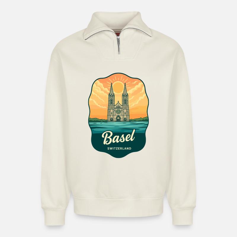 Basel Minster Retro Sonnenuntergangs-Reiseabzeichen - Relaxed Unisex Organic Half Zip Sweatshirt – von SPREAD - Naturweiß