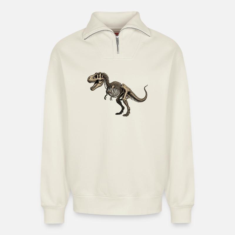 T-Rex Squelette Dinosaure - Sweat unisexe décontracté en coton biologique à demi-zip – de SPREAD - blanc cassé
