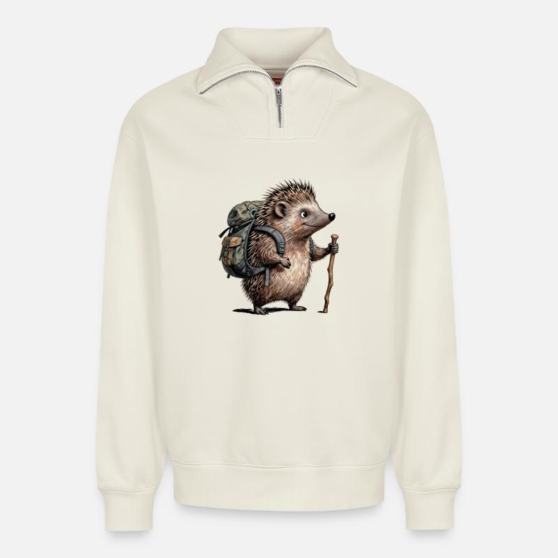Wanderigel mit Rucksack - Relaxed Unisex Organic Half Zip Sweatshirt – von SPREAD - Naturweiß