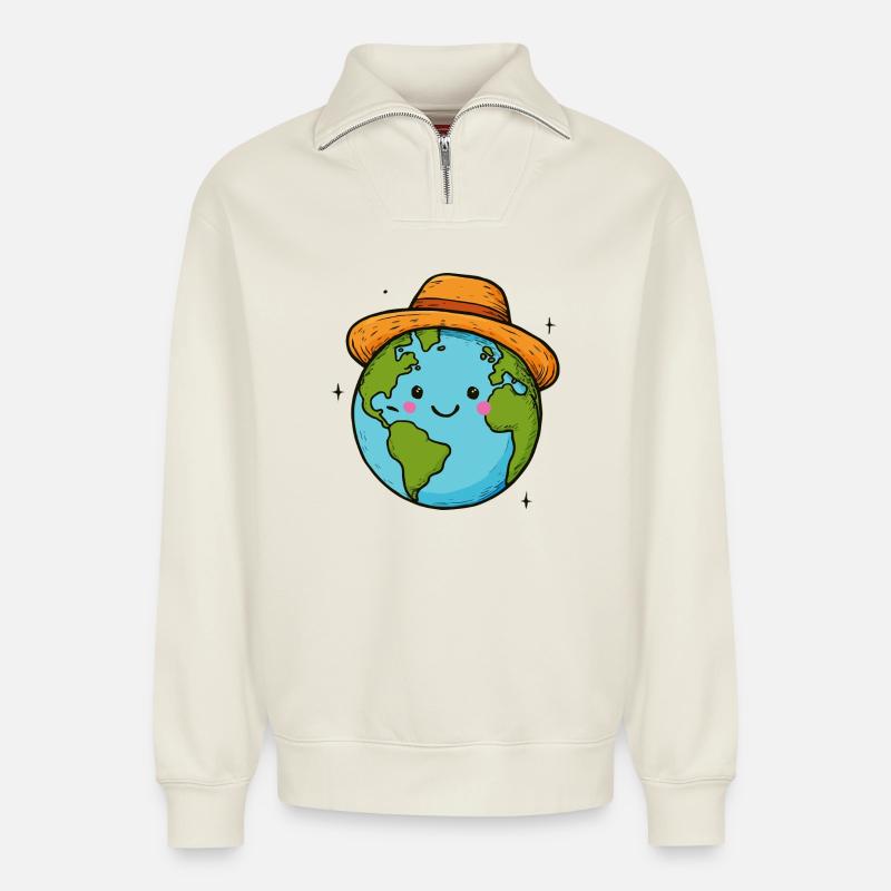 Lächelndes Land mit dem Hut - Relaxed Unisex Organic Half Zip Sweatshirt – von SPREAD - Naturweiß