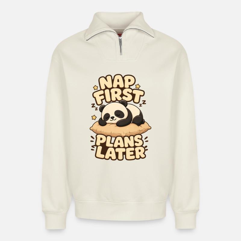 Nap First Plans Later Panda - Relaxed Unisex Organic Half Zip Sweatshirt – von SPREAD - Naturweiß