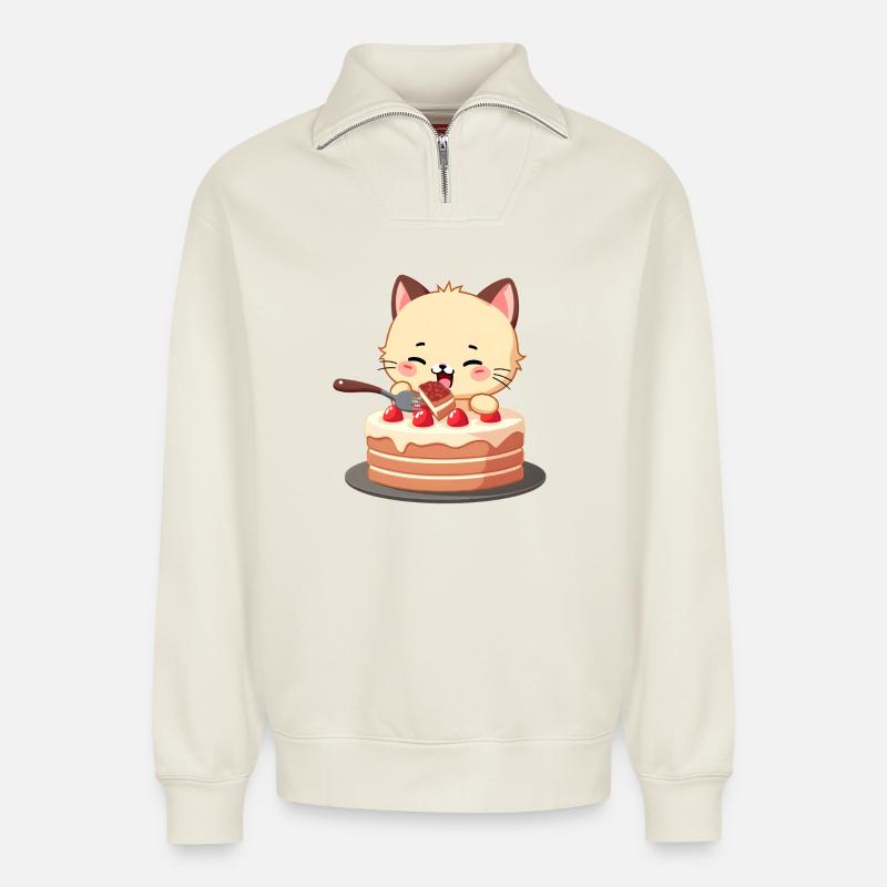 Katze isst Kuchen - Relaxed Unisex Organic Half Zip Sweatshirt – von SPREAD - Naturweiß