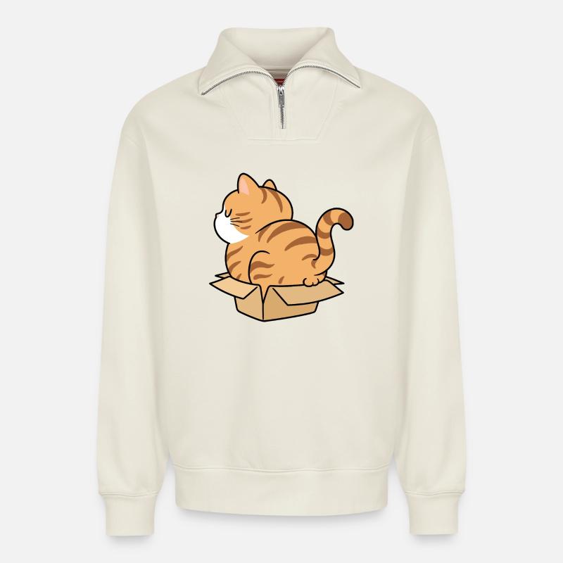 Chaton dans une boîte - Sweat unisexe décontracté en coton biologique à demi-zip – de SPREAD - blanc cassé