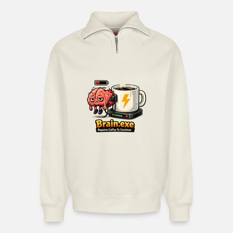 Coffee-driven brain - Relaxed Unisex Organic Half Zip Sweatshirt – by SPREAD - off white