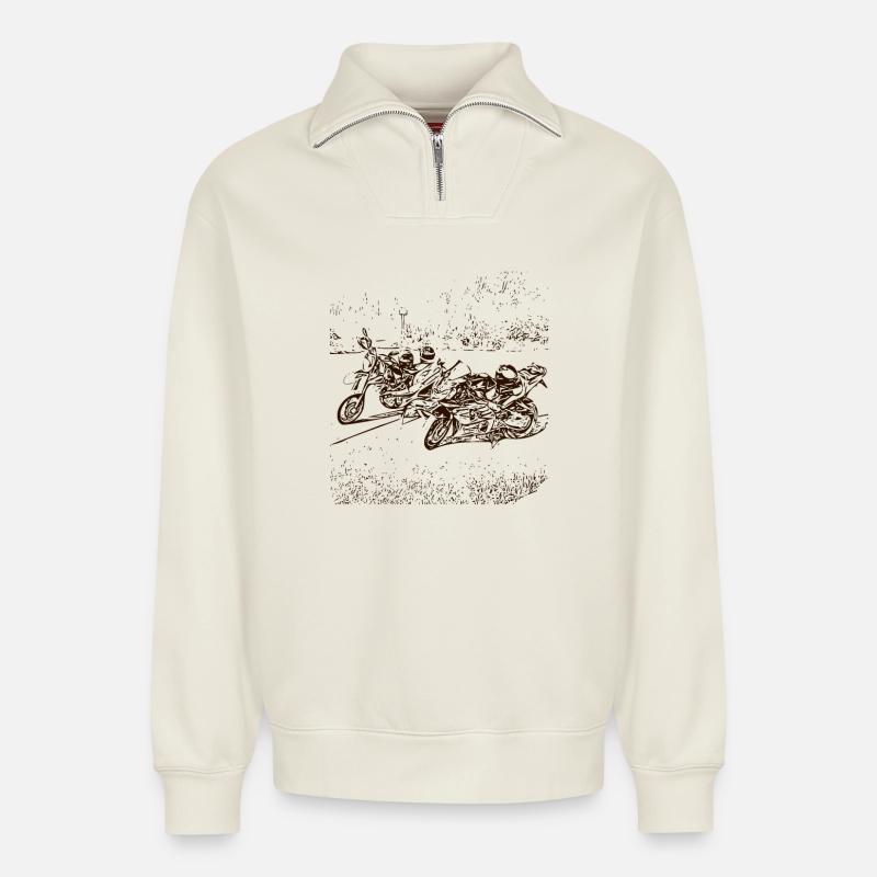 Abstraktes Motorrad Design - Relaxed Unisex Organic Half Zip Sweatshirt – von SPREAD - Naturweiß