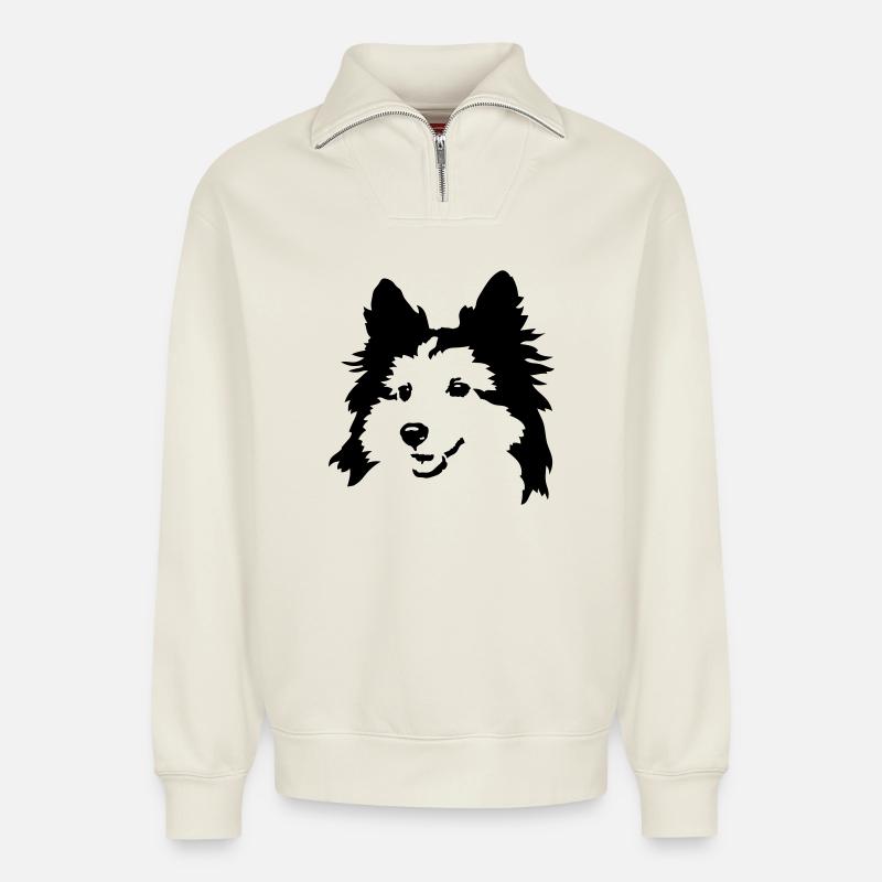 chien - Sweat unisexe décontracté en coton biologique à demi-zip – de SPREAD - blanc cassé