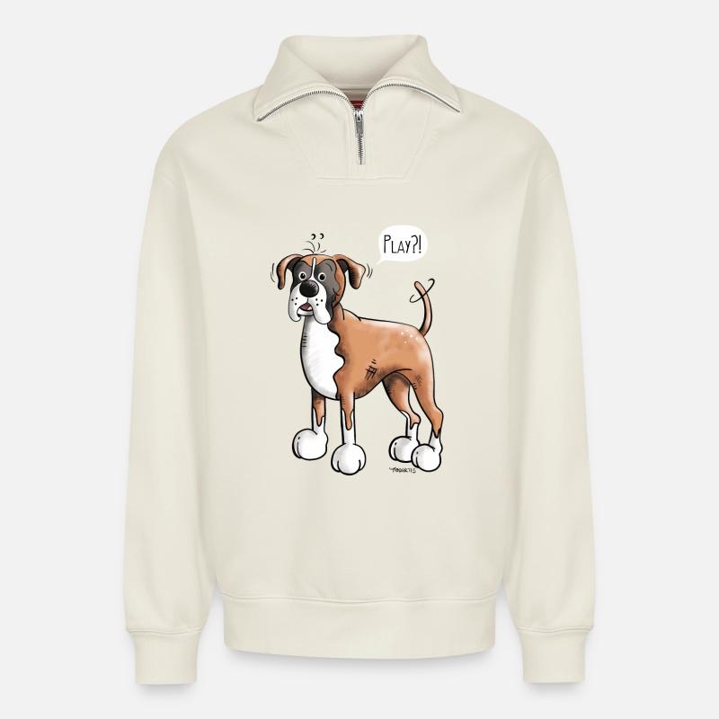 Deutscher Boxer Play - Relaxed Unisex Organic Half Zip Sweatshirt – von SPREAD - Naturweiß