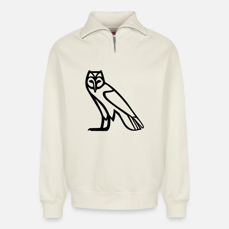 Owl hieroglyph - Relaxed Unisex Organic Half Zip Sweatshirt – by SPREAD - off white