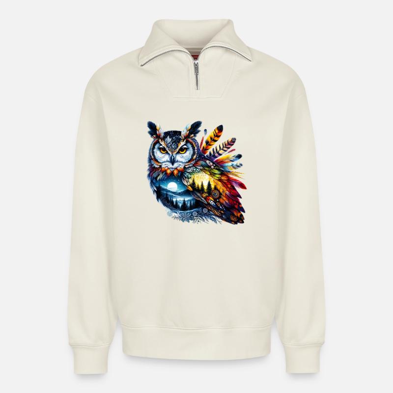 Eule - Relaxed Unisex Organic Half Zip Sweatshirt – von SPREAD - Naturweiß