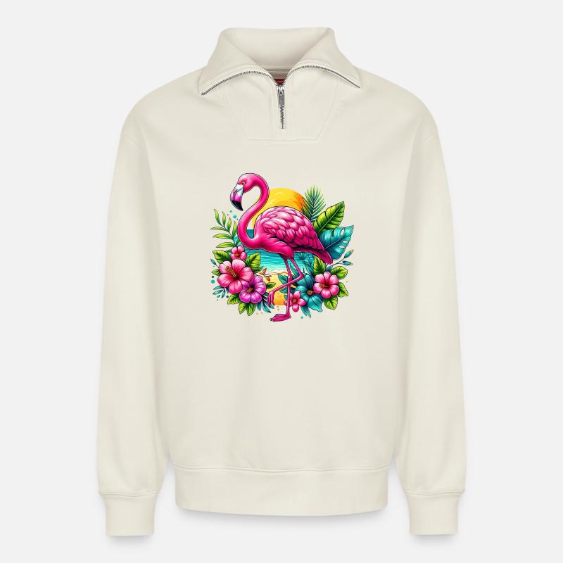 Flamingo - Relaxed Unisex Organic Half Zip Sweatshirt – von SPREAD - Naturweiß