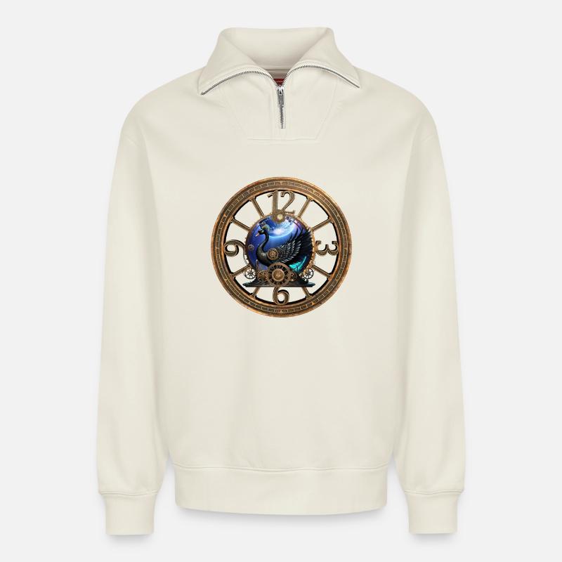 Schwarzer Steampunk-Schwan - Relaxed Unisex Organic Half Zip Sweatshirt – von SPREAD - Naturweiß