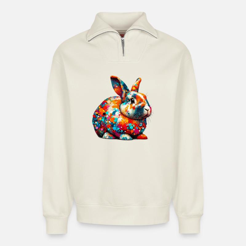 Lapin - Sweat unisexe décontracté en coton biologique à demi-zip – de SPREAD - blanc cassé