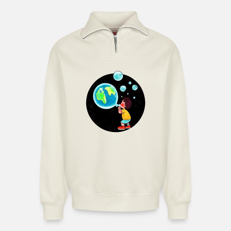 Planet Erde - Relaxed Unisex Organic Half Zip Sweatshirt – von SPREAD - Naturweiß