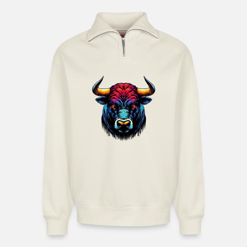 Stier - Relaxed Unisex Organic Half Zip Sweatshirt – von SPREAD - Naturweiß