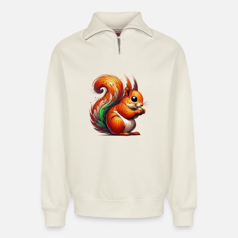 Écureuil - Sweat unisexe décontracté en coton biologique à demi-zip – de SPREAD - blanc cassé
