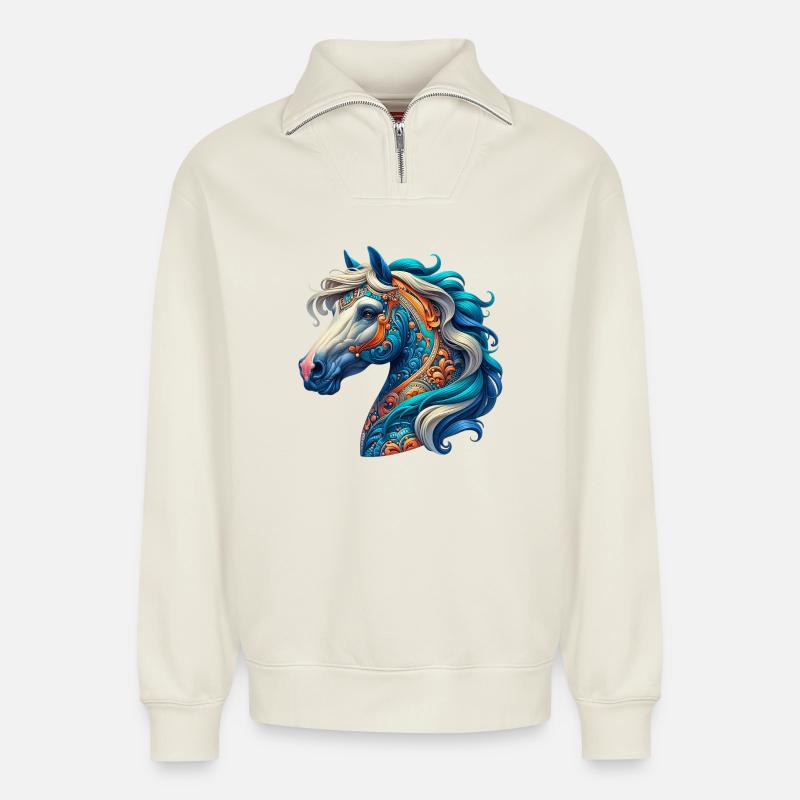 Cheval - Sweat unisexe décontracté en coton biologique à demi-zip – de SPREAD - blanc cassé