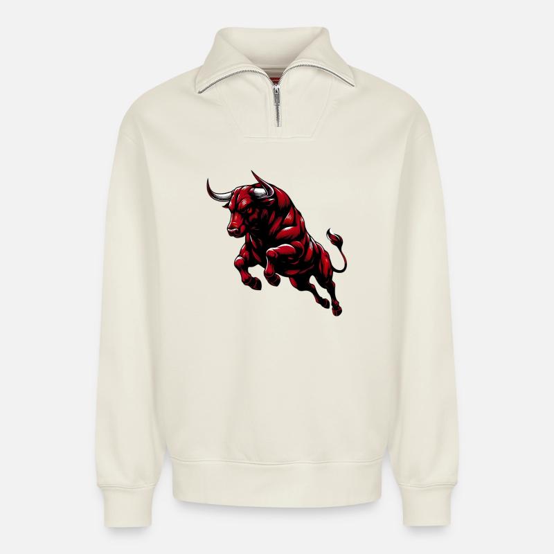 Taureau - Sweat unisexe décontracté en coton biologique à demi-zip – de SPREAD - blanc cassé