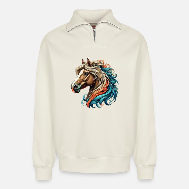 Pferd - Relaxed Unisex Organic Half Zip Sweatshirt – von SPREAD - Naturweiß
