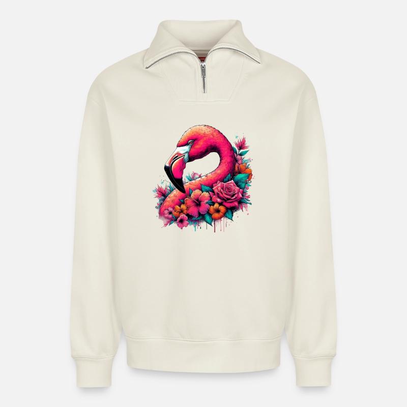 Flamingo - Relaxed Unisex Organic Half Zip Sweatshirt – von SPREAD - Naturweiß