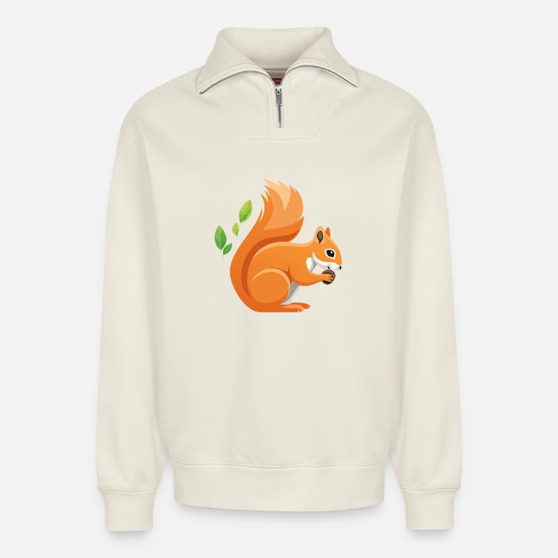 Verspielter Eichhörnchen-Print mit Blättern - Relaxed Unisex Organic Half Zip Sweatshirt – von SPREAD - Naturweiß
