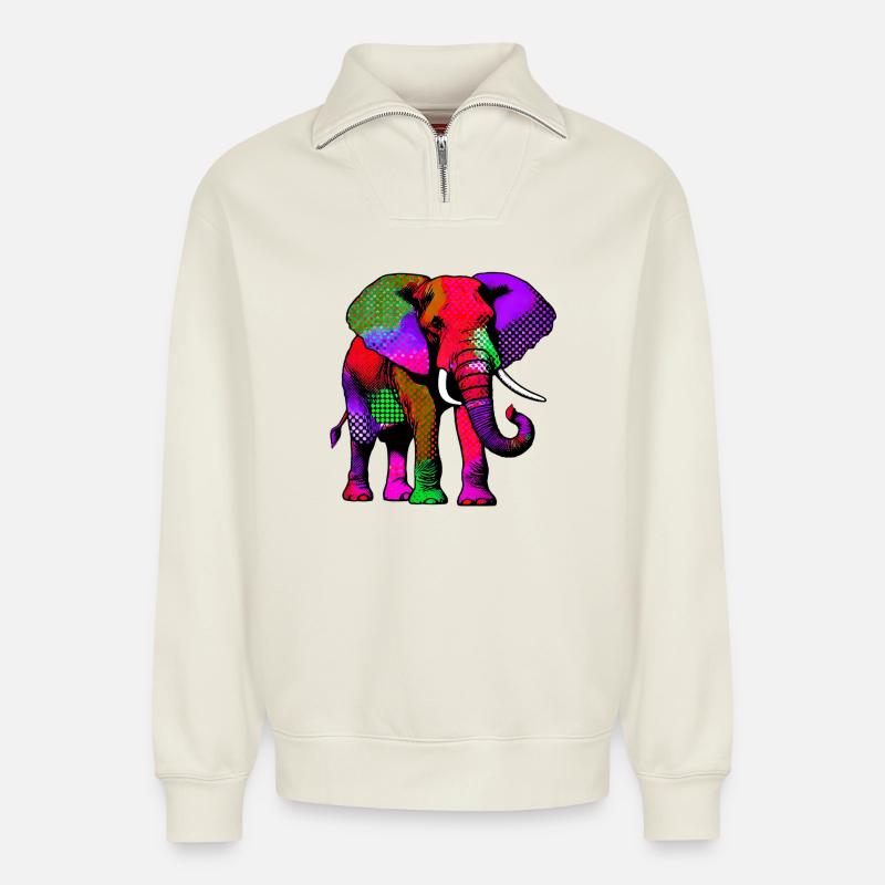 Éléphant - Sweat unisexe décontracté en coton biologique à demi-zip – de SPREAD - blanc cassé