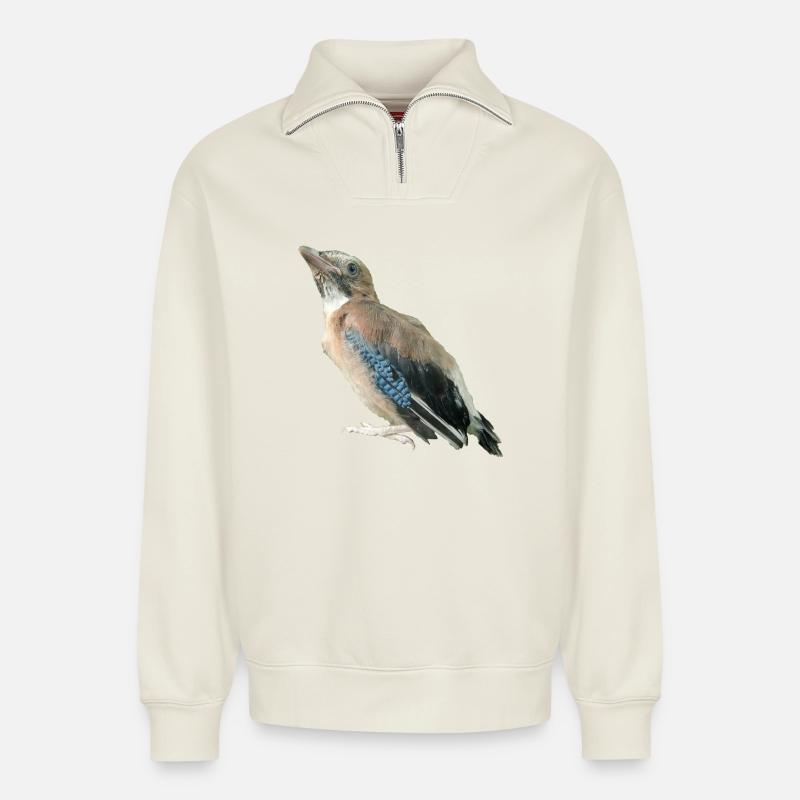 Eichelhäher Jungvogel - Relaxed Unisex Organic Half Zip Sweatshirt – von SPREAD - Naturweiß