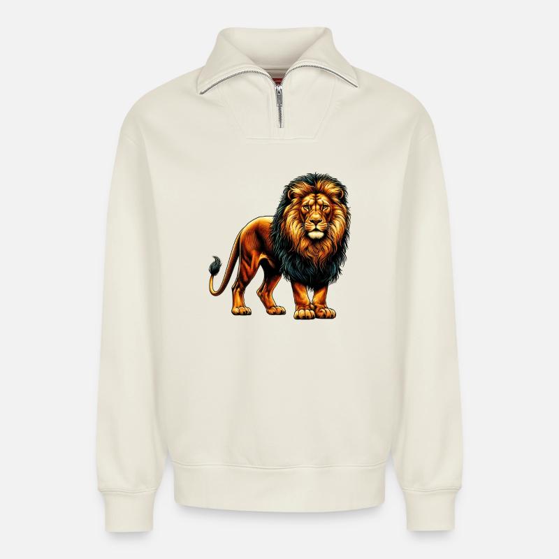 Lion - Sweat unisexe décontracté en coton biologique à demi-zip – de SPREAD - blanc cassé