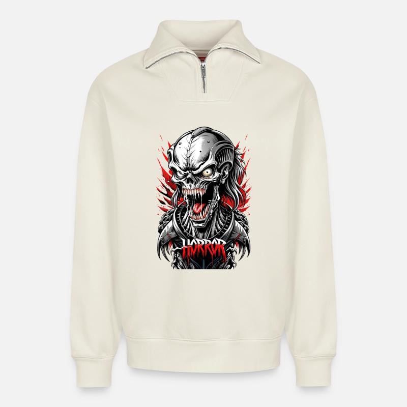Horror - Relaxed Unisex Organic Half Zip Sweatshirt – von SPREAD - Naturweiß