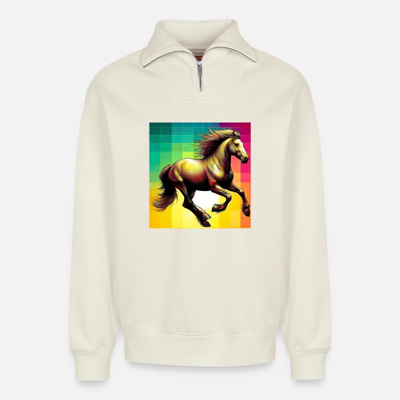 cheval - Sweat unisexe décontracté en coton biologique à demi-zip – de SPREAD - blanc cassé