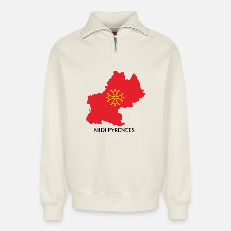 Carte du midi-pyrénée - Sweat unisexe décontracté en coton biologique à demi-zip – de SPREAD - blanc cassé